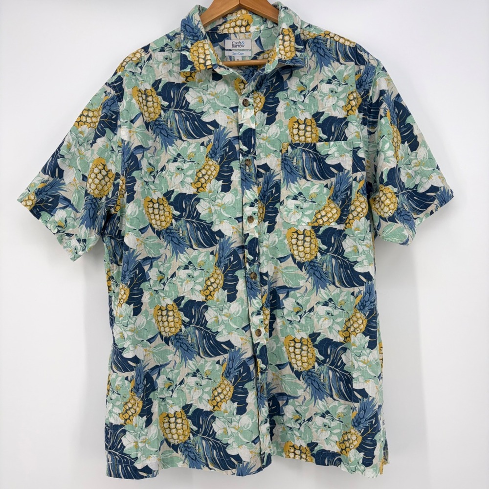 Croft & Barrow Mens XL Pineapple Floral Linen Blend Button Down Shirt Blue Green